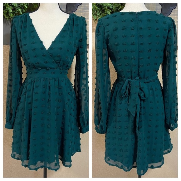 NWOT Lulus Always on Repeat Emerald Green Clip Dot Long Sleeve Mini Dress - Picture 7 of 12
